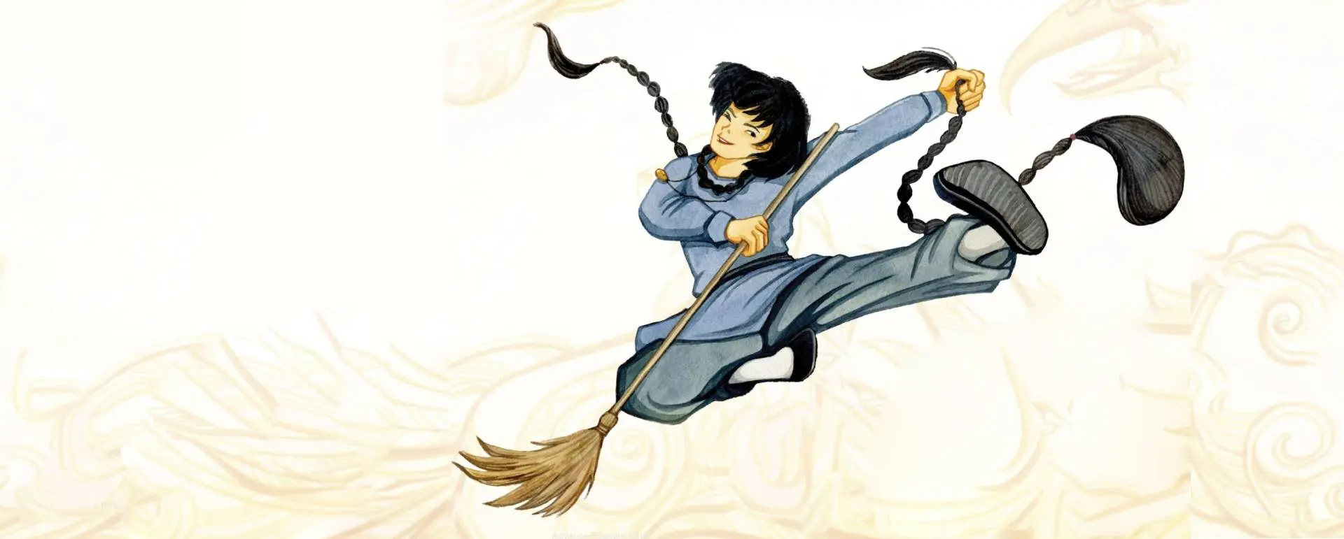 Martial artist mid-air with a weapon.