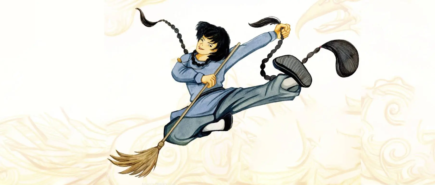 Martial artist jumping with a staff.