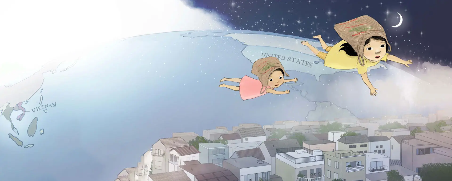 Children flying over a map at night.