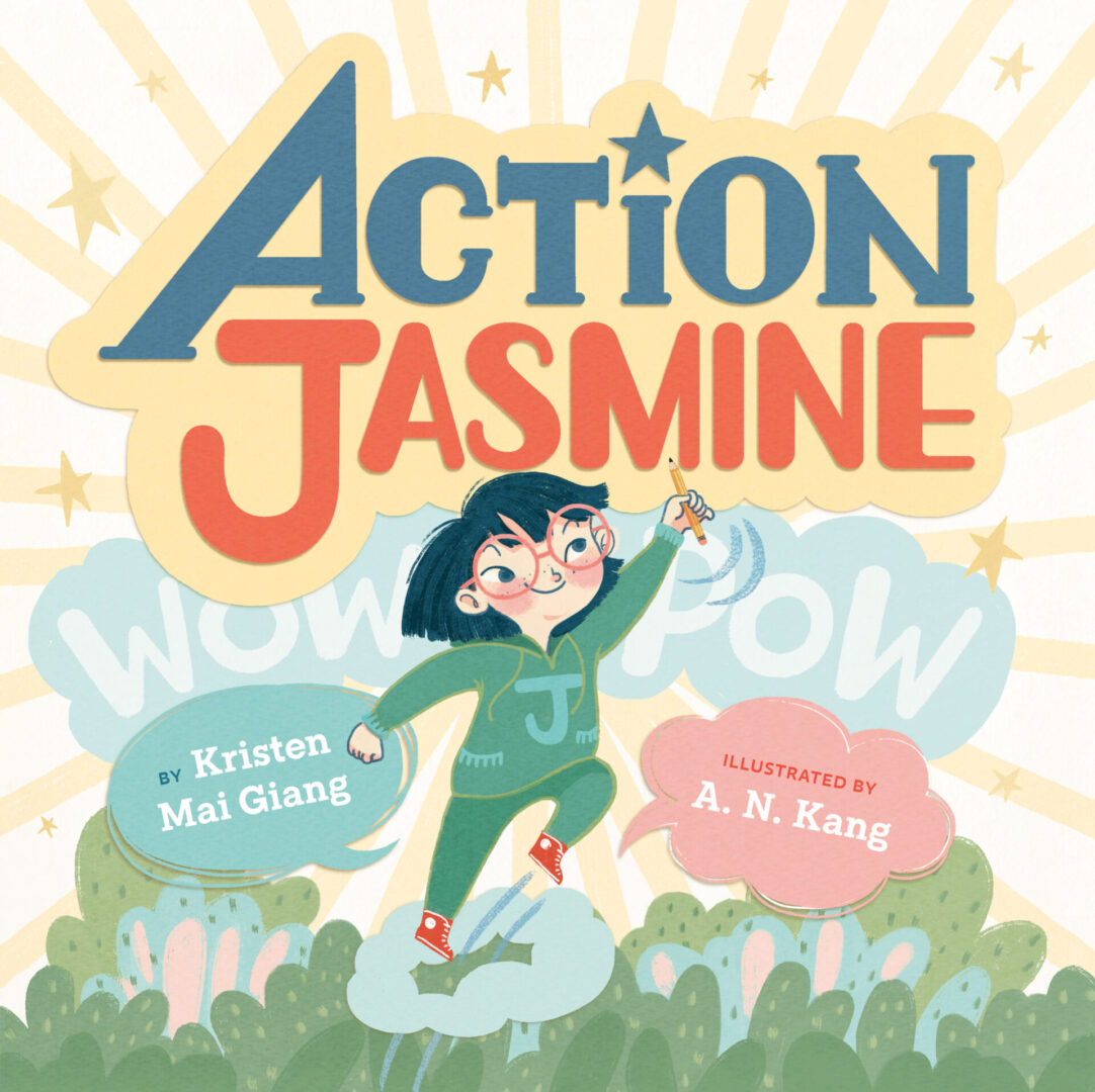 Illustrated book cover: Action Jasmine superhero character.